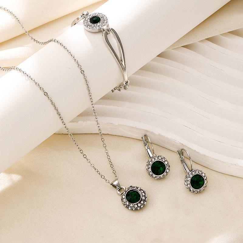 Elegancki zestaw biżuterii cyrkonowej z akcentami diamentowymi: Zawiera okrągłe kolczyki, bransoletkę i naszyjnik - Modny, wysokiej klasy styl europejski i amerykański dla kobiet