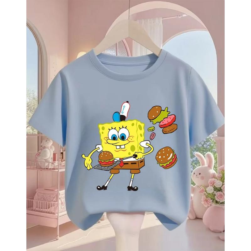 Street SpongeBob SquarePants Casual T Shirt 3-14Y Boys Girls Summer Cute Kawaii Fashion Hot Cartoon Crew Neck Kids