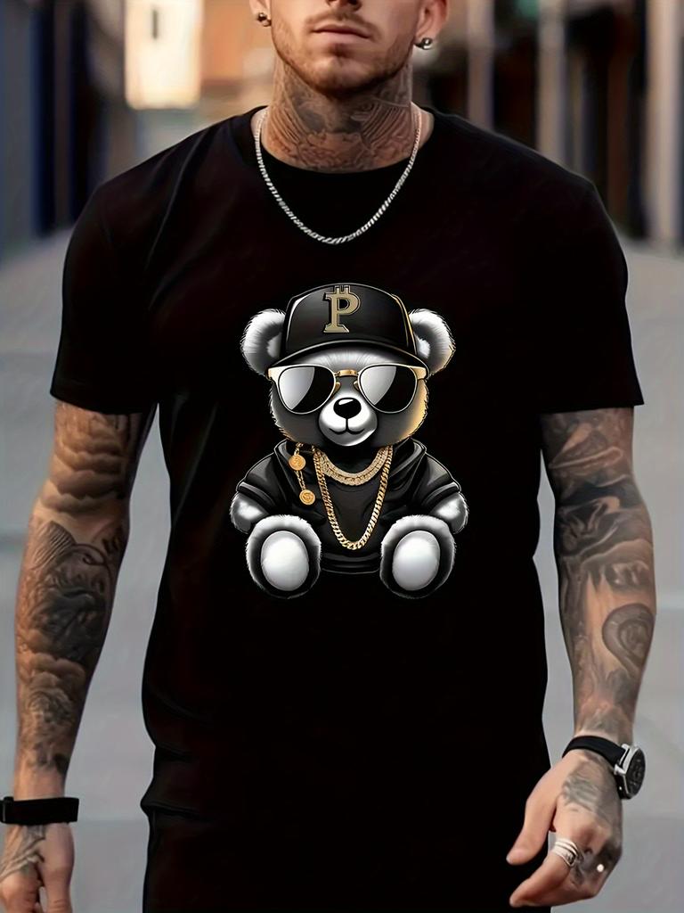 Summer Fashion Bear Pattern Printed Men's Soft Breathable Round Neck Short-sleeved Casual Comfortable Sports Fitness Daily Home