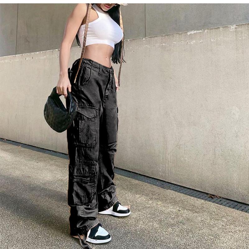 

Винтажные брюки-карго, свободные джинсы, женские повседневные весенне-осенние уличные спортивные брюки с карманами, прямые серые брюки с высокой талией S чёрный