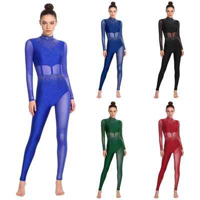 S-XXL Dameneinteiler für Gymnastik & Eiskunstlauf: Strass-Netz-Patchwork mit Cutout am Rücken, Ganzkörper-Performance-Kleidung