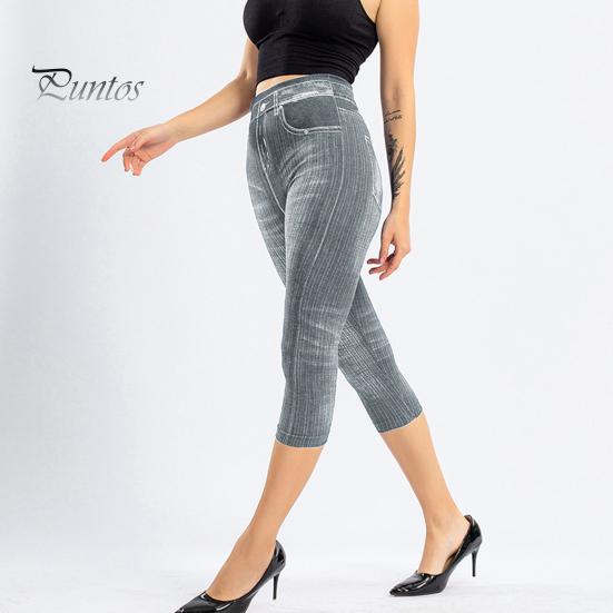 Women Cropped Jeans Slim Fit High Waist Elastic Striped Slimming Button Zipper Closure Mid-calf Length Pockets Casual Commute Trousers