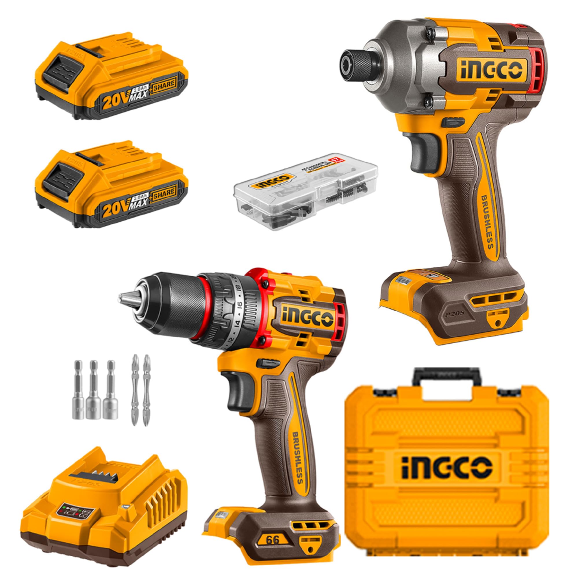 

INGCO 20V Аккумуляторный бесщеточный комбинированный набор: дрель-шуруповерт, ударный шуруповерт, два электроинструмента, одно зарядное устройство и аккумулятор 2.0 Ач (CKLI20277)