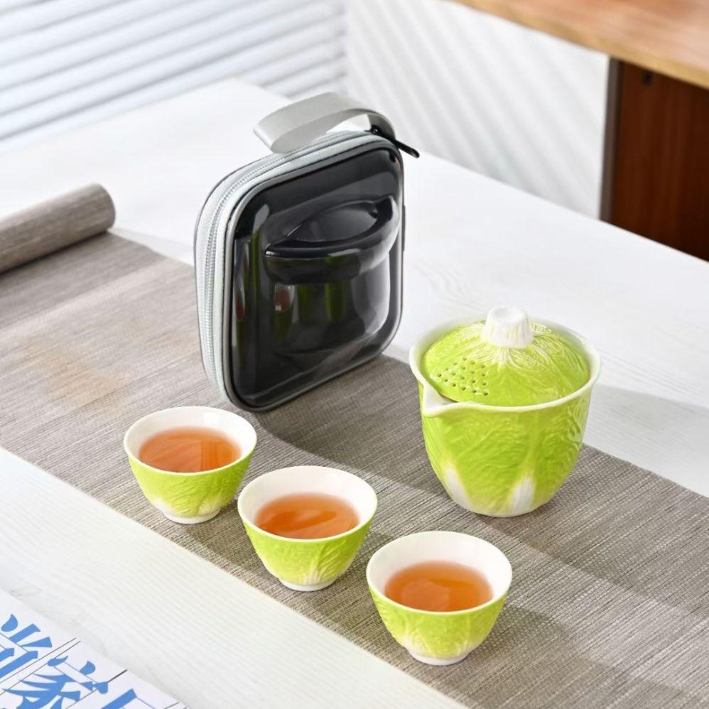 

Portable Corn Tea Set, Balsam Pear Ceramic Teapot, Outdoor Camping Tea Brewing Teapot, Quick Guest Cup, 1 Gaiwan, 3 Cups