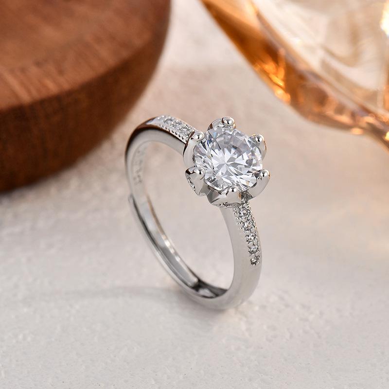 

S925 Sterling Silver Women s Six-Prong Moissanite-Look Zirconia Ring Adjustable