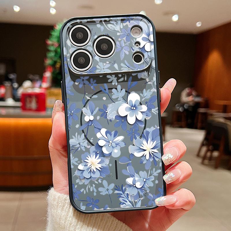 Magnetic For Magsafe Case For iPhone 17 Pro Max Blue and White Flowers Pattern Skin Feeling Cover For iPhone 16 15 14 13 Pro Max