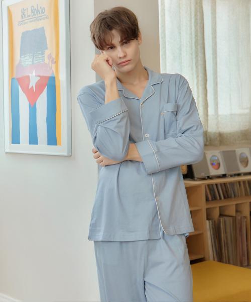 [May Flower] Soft Light Blue Long Sleeve Pure Cotton Men's Plus Size Pajamas Set [Shipped from Korea] 100% Authentic