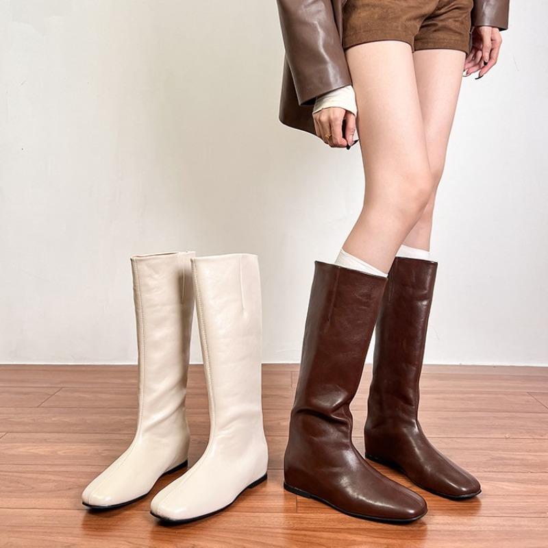 Height Increase Cm~ Leather Thin Boots Women's Autumn and Winter New Flat-bottomed Soft Thin Boots Medium and High Knight Boots