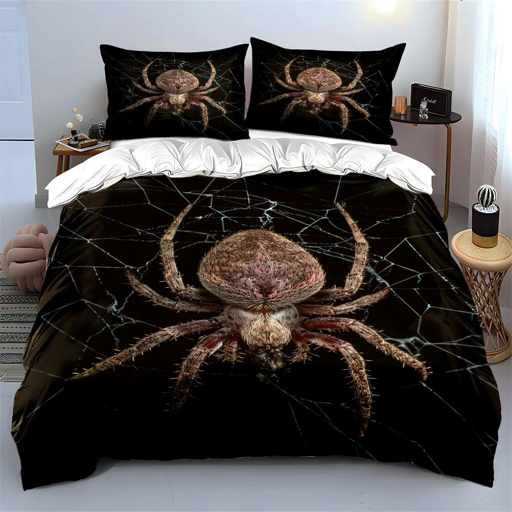Realistic Spider On Web Pattern Bedding Duvet Cover Set (1*Duvet Cover 2*Pillowcases, Without Duvet Insert)