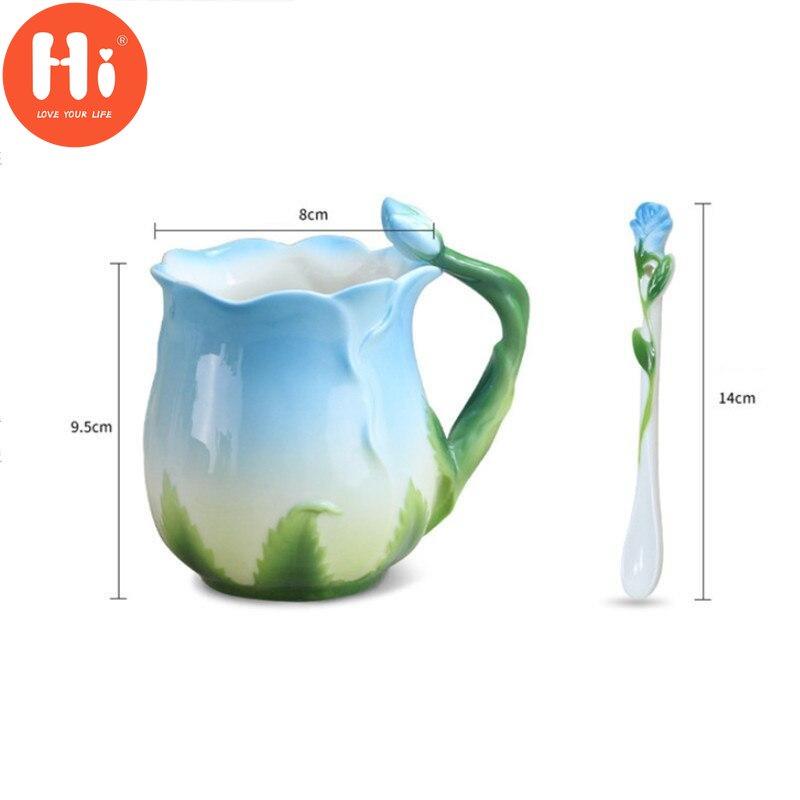 Hi European Style Enamel Ceramic Coffee Mug Creative 3D Rose Flower Shape Teacups Pastoral 4 Colors Breakfast Milk Cups With Spoon