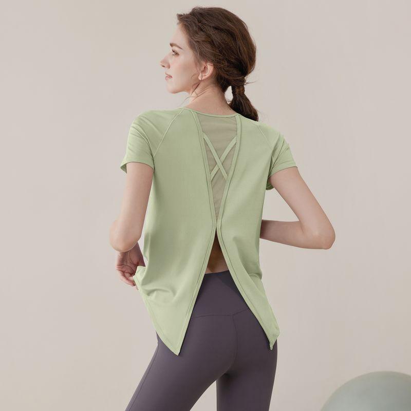 

Одежда для йоги Новинка Лето Короткий рукав Разрез Сетка Свободная Открытая спина Нарядная Бег Тренировка Быстросохнущий Спортивный костюм Fresh green short-sleeved Tops [mesh splicing]] XL