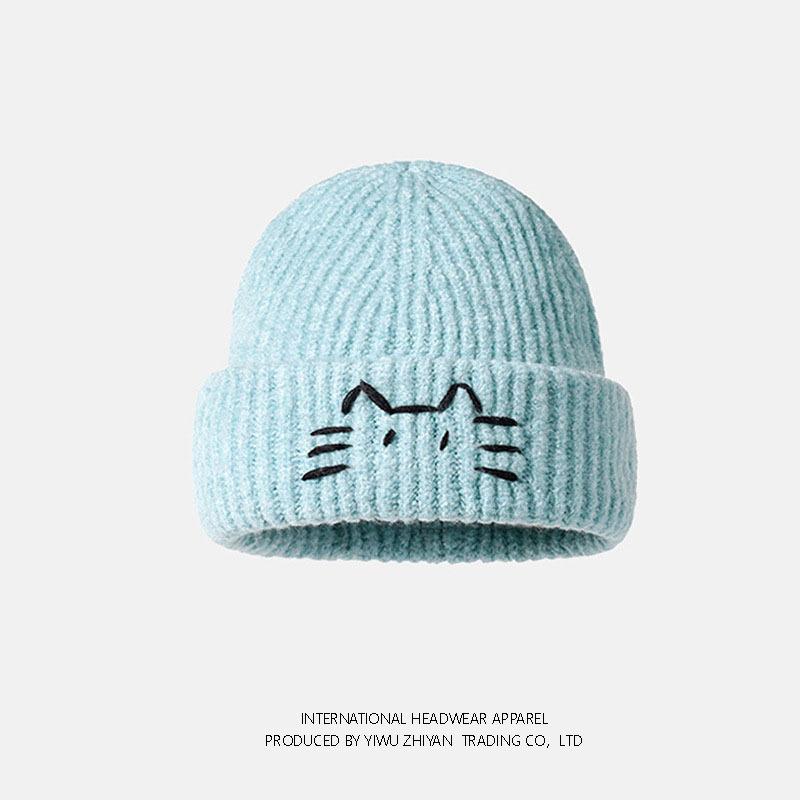 Cute kitten wool hat female autumn and winter face small warm cold hat big head circumference cold ear protection knitted hat