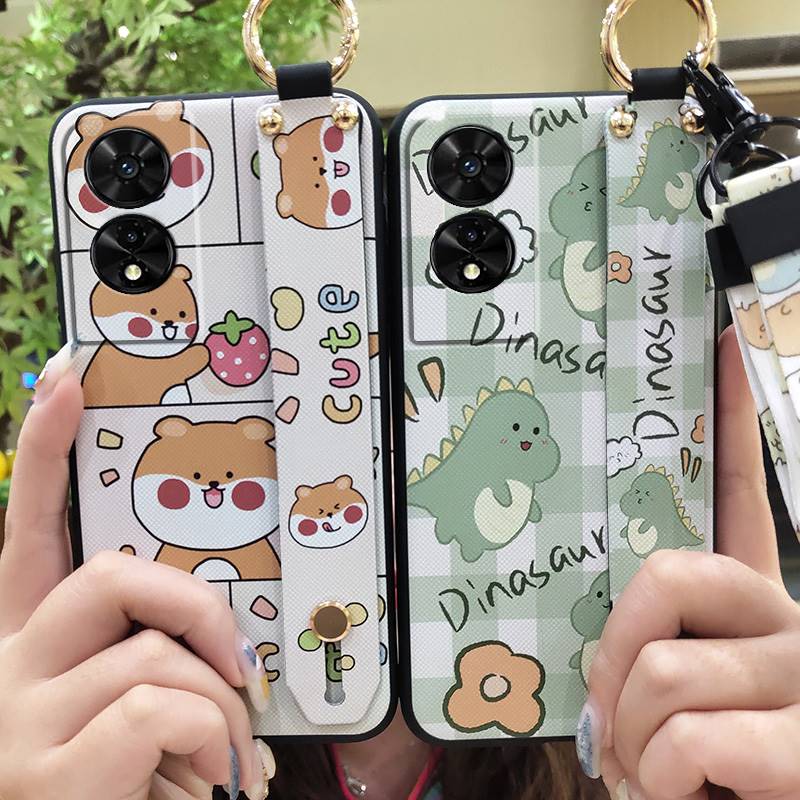 Protective Wrist Strap Phone Case For TCL 505/T509K/T5094 Durable Lanyard Wristband Cute Back Cover Cartoon Silicone