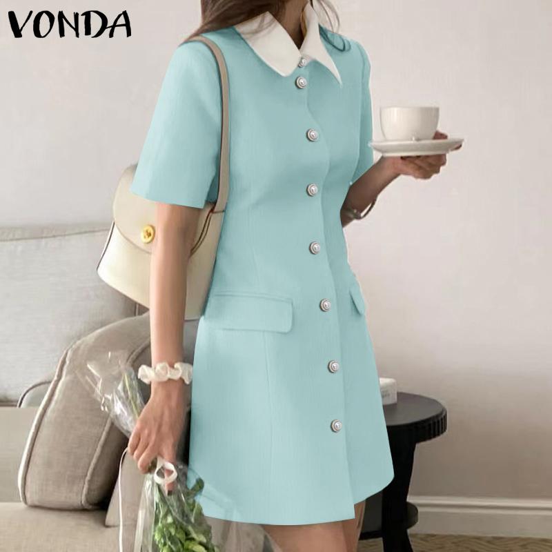 VONDA Rochie Elegantă de Birou pentru Femei, Mânecă Scurtă, Cusături, Culoare Solidă, Talie Cambrată, Elegantă