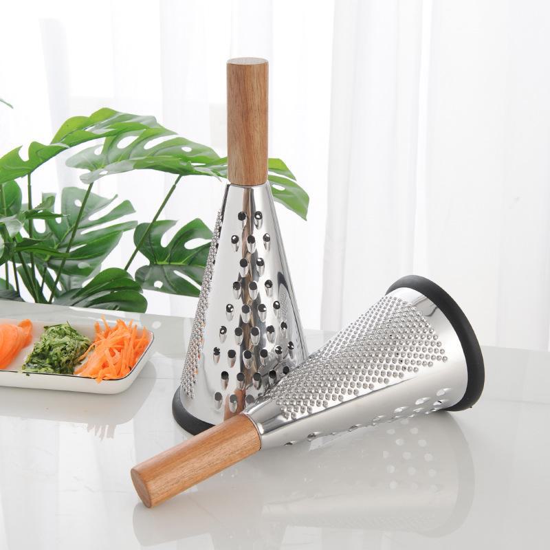 Three-Sided Stainless Steel Grater with Wooden Handle for Vegetables, Carrots, and Cheese