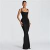 2026 Spring European & American Style Square Neck Pleated Spaghetti Strap Waist-Cinched Hip-Hugging Long Dress