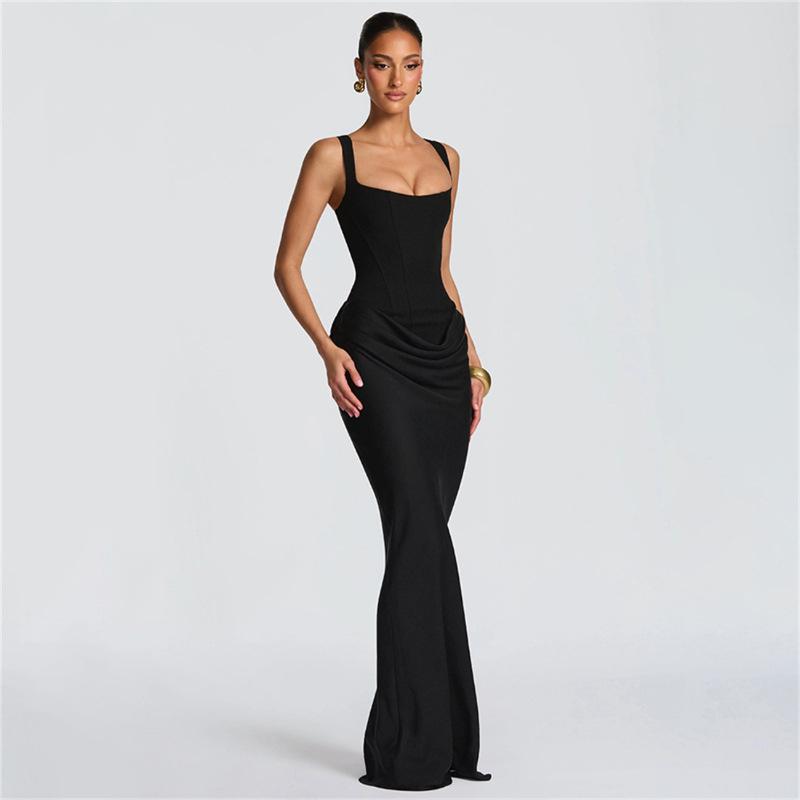 2026 Spring European & American Style Square Neck Pleated Spaghetti Strap Waist-Cinched Hip-Hugging Long Dress