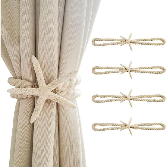 4 Pcs Natural Starfish Curtain Tiebacks, Handmade Woven Rope Curtain-Ties Scandinavian Minimalist Style Curtain Spreader for Outdoor, Hotel, Bedroom