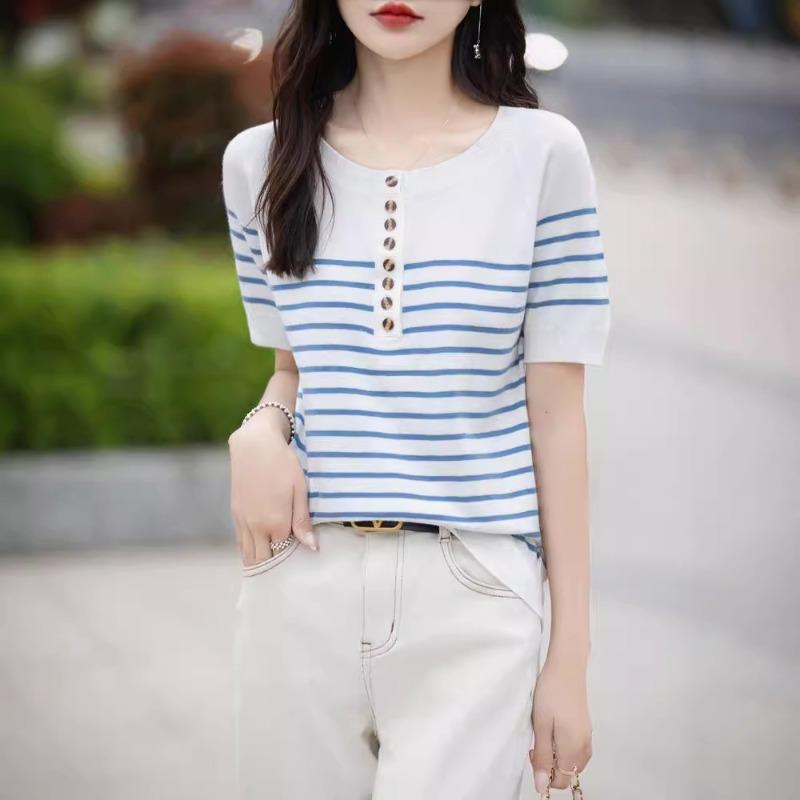 Summer fashion loose striped short-sleeved T-shirt women's contrasting color half-open neck knitted half-sleeved women's top