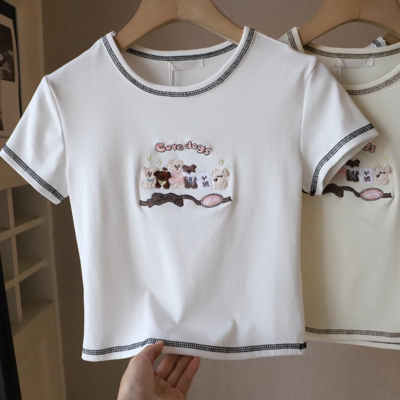 2025 Korean Style Cartoon Embroidered Slim Fit Cute Short Sleeve T-Shirt for Women
