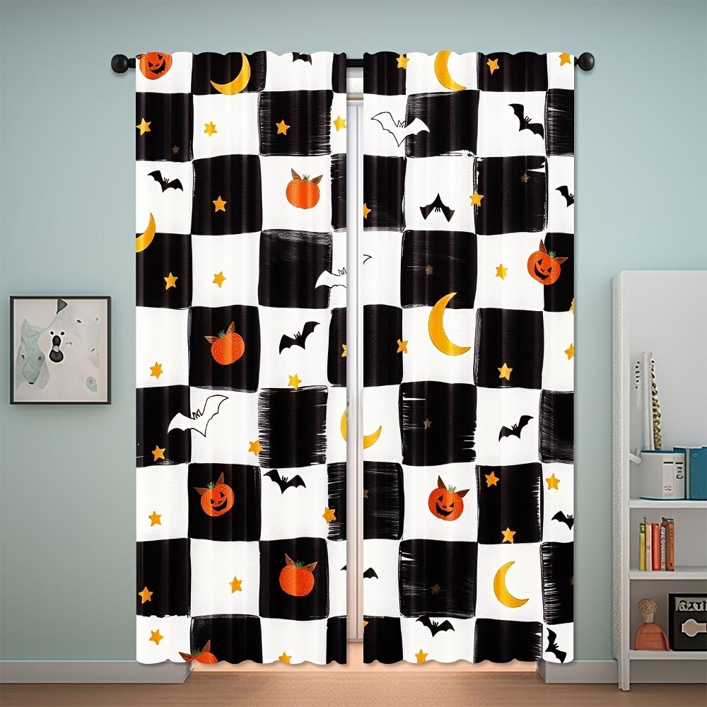 2pcs Halloween Curtains - & Checkered with Pumpkins   Bats   Stars   Moon - Light Filtering Window Drapes for Living Room   Bedroom