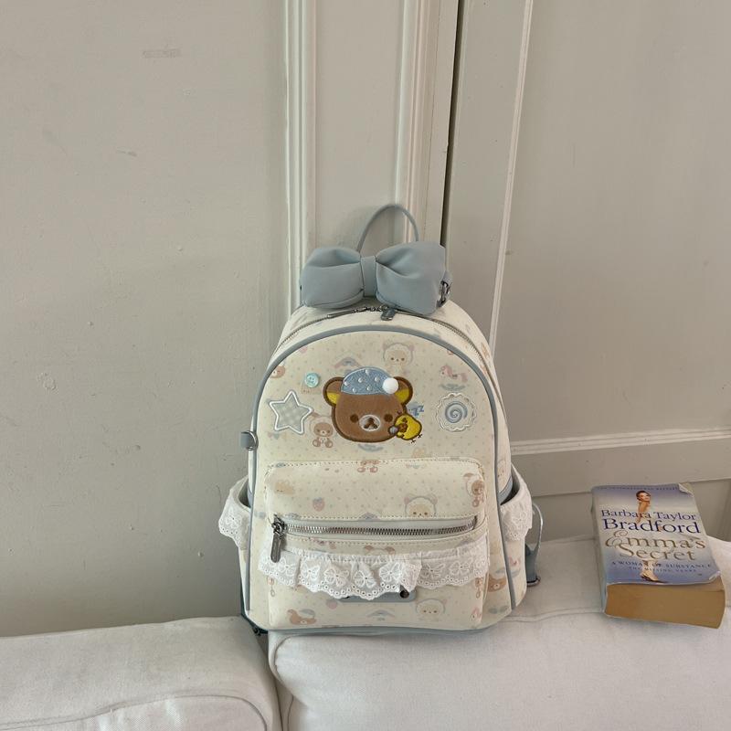 Schoolbagins Sweet Easy Bear Embroidered Backpack Blue Bow Lace Girls Campus Commuter Cute Little School Bag