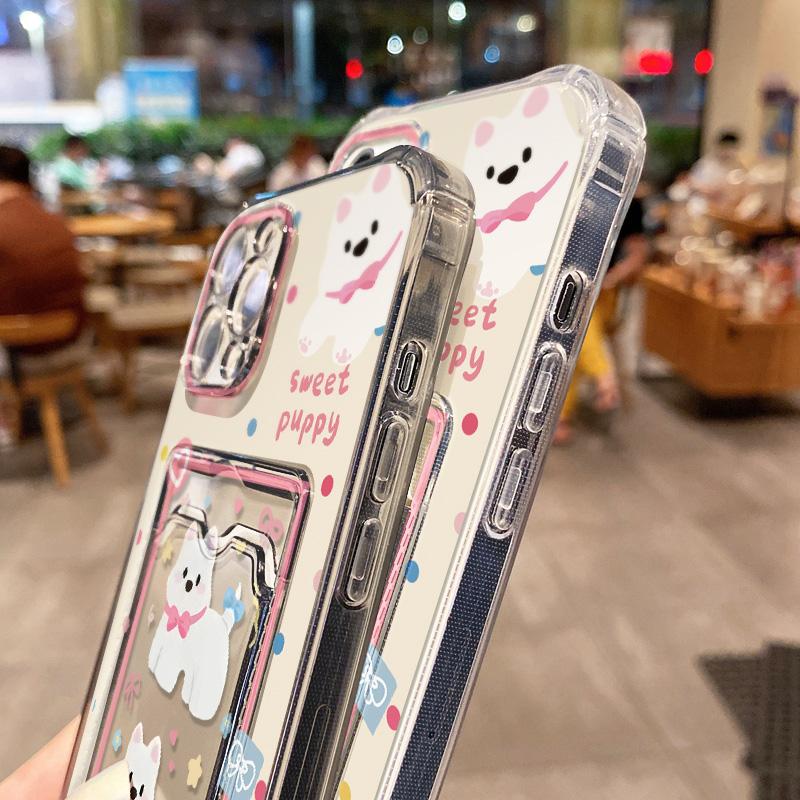 Transparent Card Slot Bag Holder Phone Case For iPhone 13 15 16 11 12 14 Pro Max XR XS X 7 8 Plus SE  Cartoon Cute Dog Cover