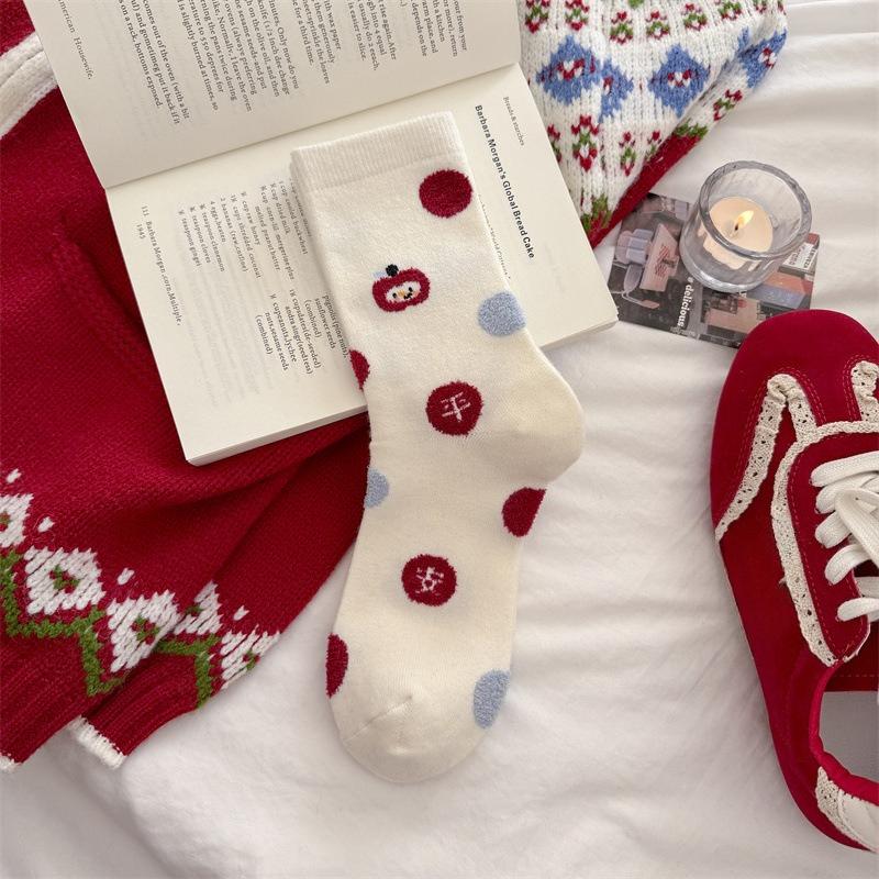 Woolen Socks for Women, Thick and Warm Mid-calf Socks for Autumn and Winter, Little Snowman Cartoon Versatile Long Socks