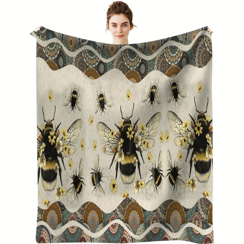 Bee Themed Art Digital Printing Throw Blanket - Cute Insect Motif Soft Lightweight Accent for Sofa Bed Travel Office