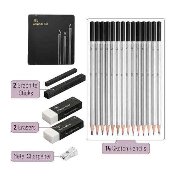 Mr. Pen - 19 Piece Sketch Pencils Set, Graphite Pencils (10B-6H) & Graphite Sticks, Eraser, Metal Sharpener for Drawing, Sketching, Shading, Art