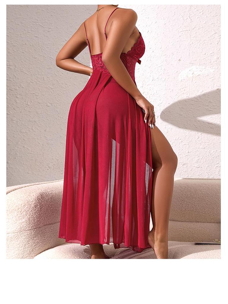 Pearl Embellished Backless Multicolor Mesh Nightgown with Side Slit - 898