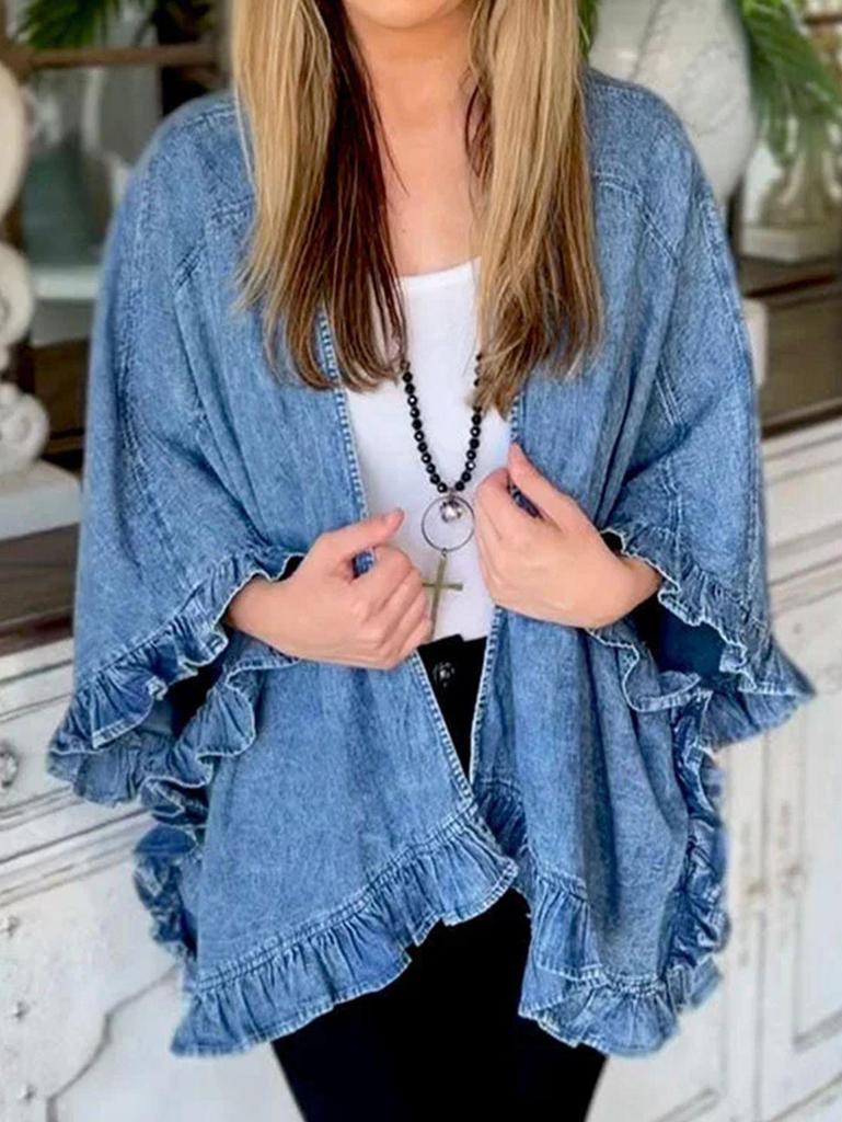 Giacca di Jeans Europea Autunnale con Volant - Cardigan a Sciarpa Versatile a Manica Media da Donna