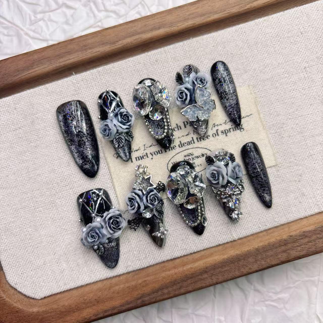 Dark Cat Eye 3D Handmade Medium Pointed Fake Nail Tips - Whitening, Durable, and Stylish