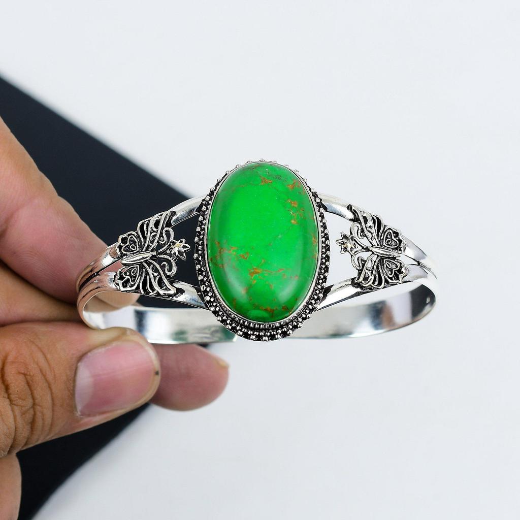 Natural Green Turquoise Gemstone Handmade 925 Sterling Silver Cuff Bangle, Green Turquoise Bangle,For Wife, Unisex Bangle, Gifts For Thanksgiving
