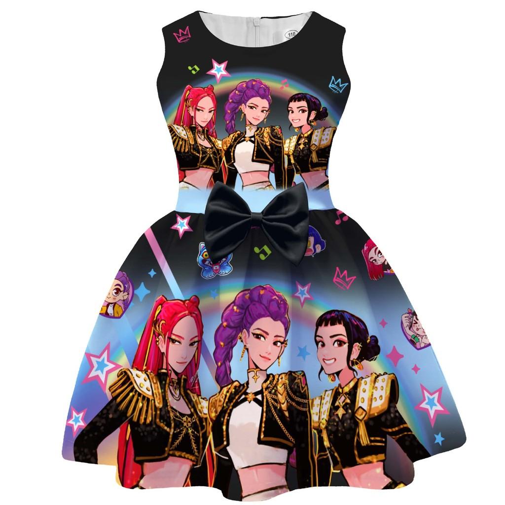 Kinder Mädchen Film POP Rumi Zoey Mira Print Ärmellos Schleife Lässig Party Prinzessin Kleid