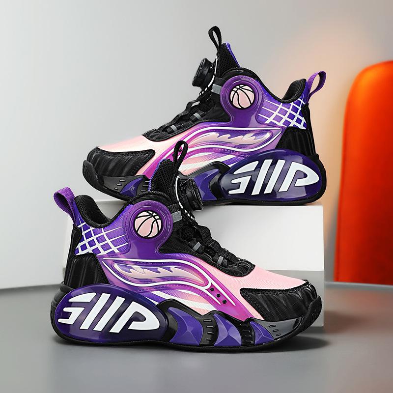 Children's Basketball Shoes Boys Autumn and Winter New Velvet Outdoor Large Cotton Shoes Leather Surface Waterproof Girls Button Sports Shoes