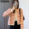 Korean Fashion Sweater Cardigan White Black Striped Knitted Sweater Women Short Cardigan Long Sleeve Cardigan Female