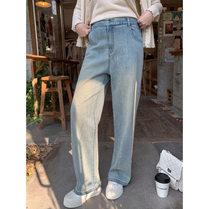 

Maxixi Plus-Size Women s Washed Vintage Rhinestone Straight-Leg Jeans Spring Loose Fit Slimming Versatile Pants Distressed Blue (Batch 2) M