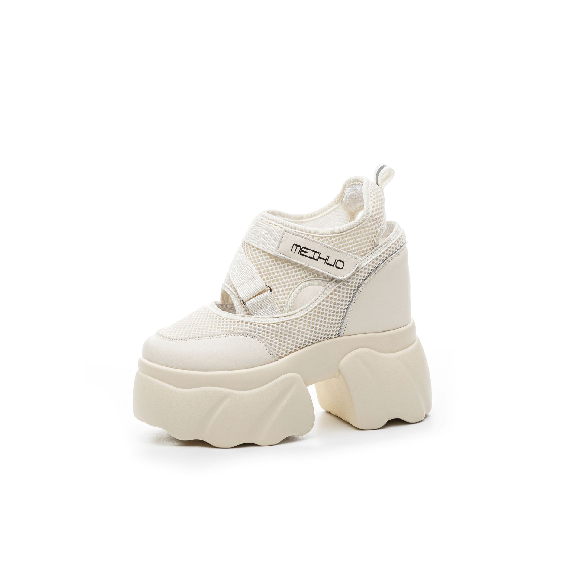 

12cm Women Summer Air Mesh Chunky Sneaker Slides Sandals Platform Wedge Microfiber Shoes Mules Shoes Hollow Platform Wedge 33 бежевий