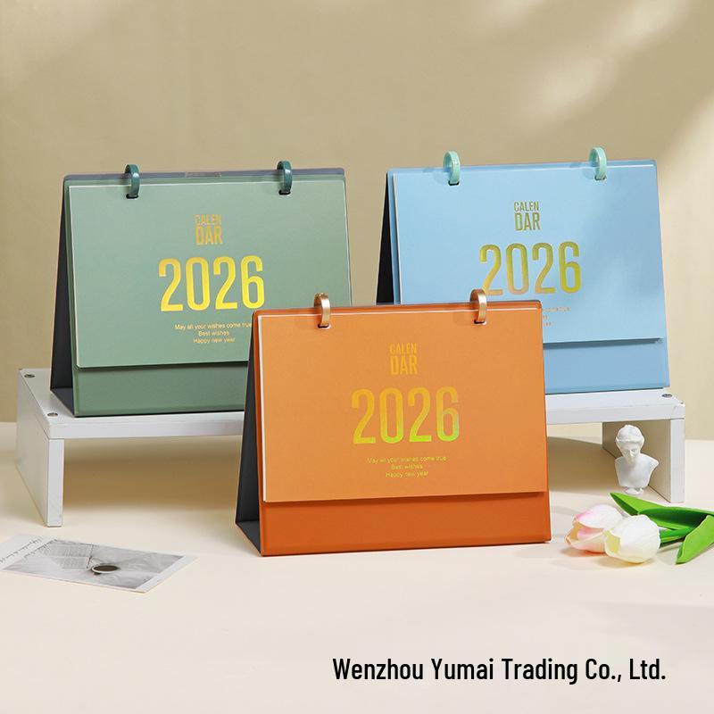 2026 Morandi Leather Desk Calendar: Simple Double Ring Design, Lunar Year Theme, Customizable with Logo.
