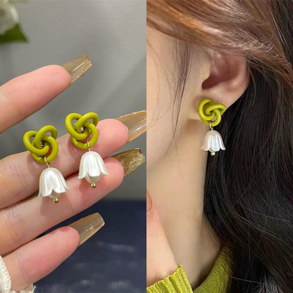 Trend Green Flower Knotted Lily of the Valley Pendant Earring for Women Zircon Christmas Girl Gift