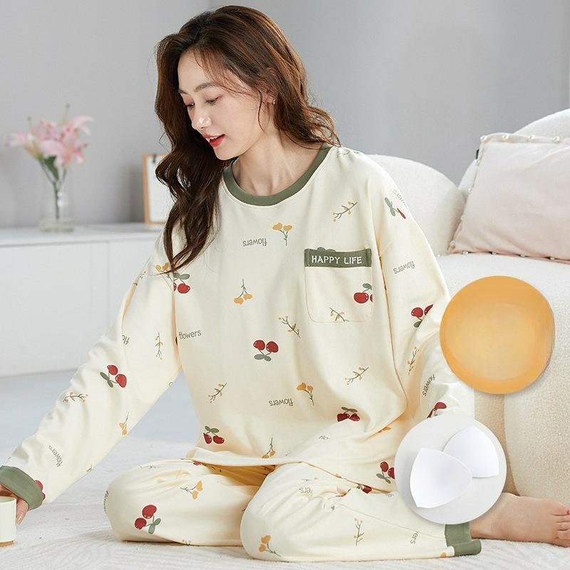 Pajamas with Chest Pads, Women's Autumn and Winter Long-sleeved Cotton, Cute and Casual, Can Be Worn Outside Home Service Suits
