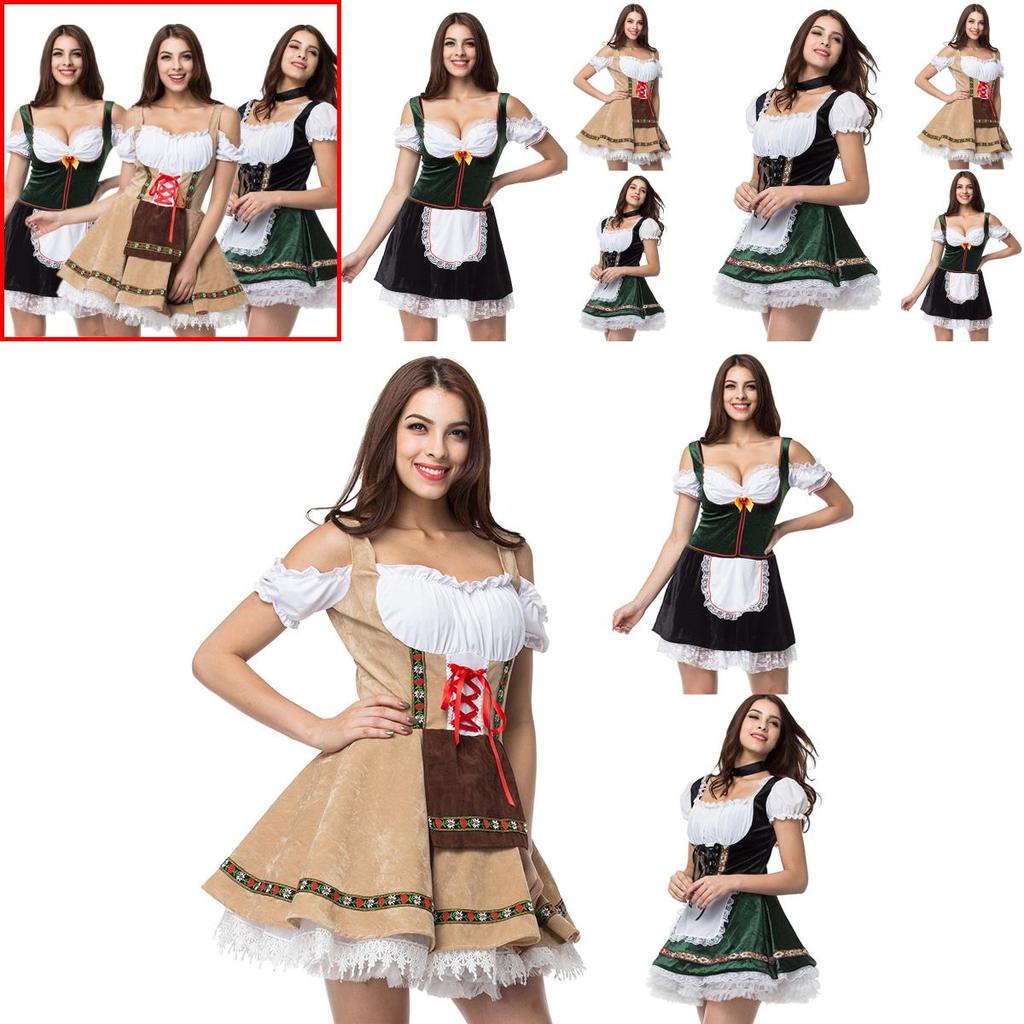 Charming Green V Neck Dirndl Costume Featuring Lace Design Ideal For Oktoberfest Events