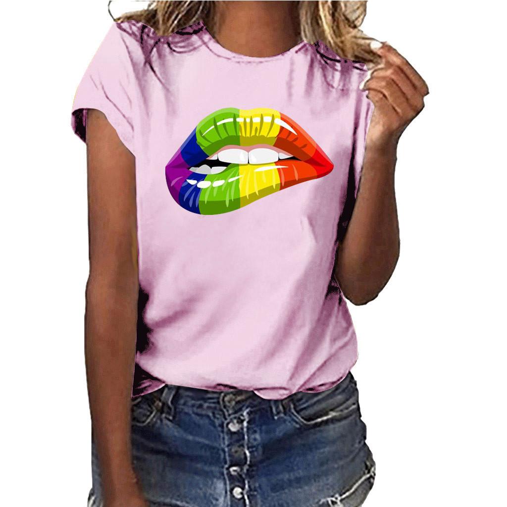 Women Girls Plus Size Lips Print Shirt Short Sleeve T Shirt Blouse Tops