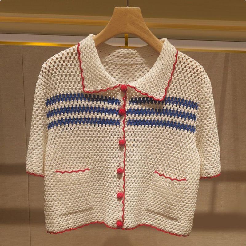 

Красивый 2024 Летний Новинка Уменьшающий Возраст Нишевый Стиль Шикарные Топы с Воротником Поло Короткий Контрастный Цвет Кроше Вырезы Вязаный Женский White XL