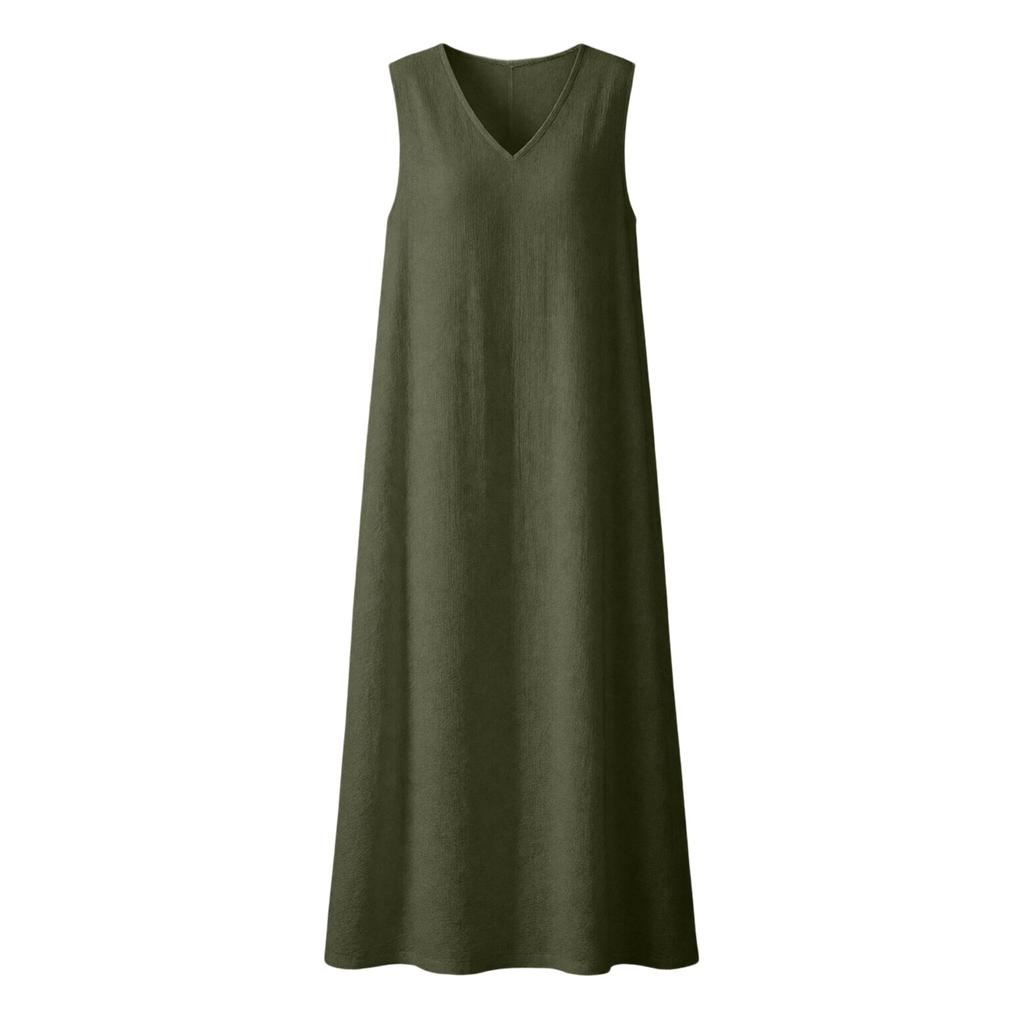 Ärmelloses V-Ausschnitt Maxikleid Lockerer Schnitt Langes Kleid Leichte Leinenoptik Sommer Freizeitkleid mit Seitenschlitz für Damen