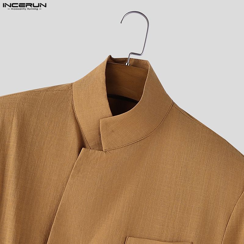 INCERUN Camicie Casual da Uomo con Collo Stretto, Manica Lunga, Bottoni Laterali