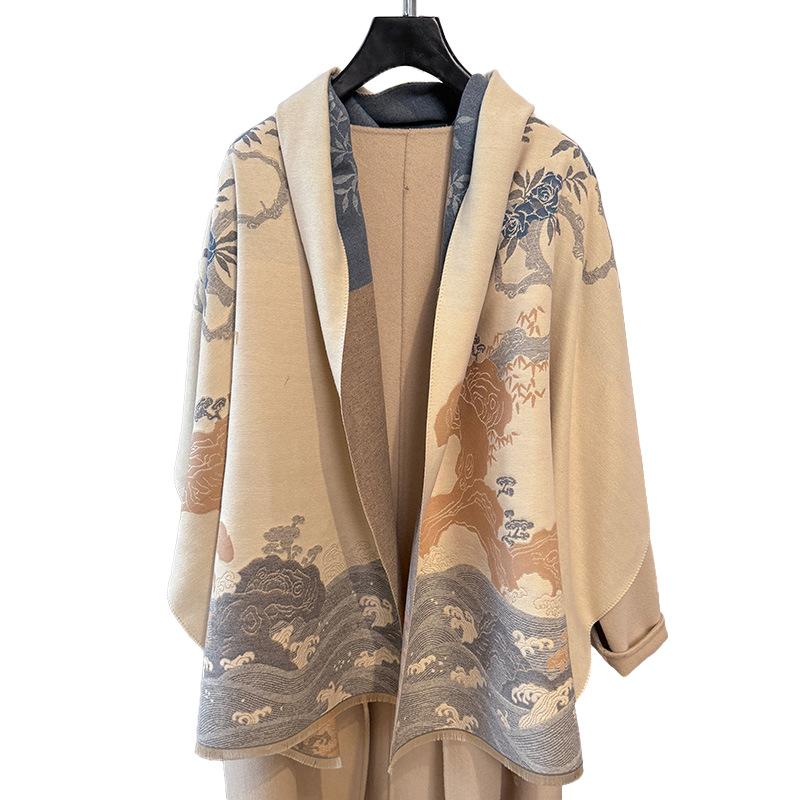 Double-Sided Imitation Cashmere Geometric Texture Printing Thickened Warm Scarf Air-Conditioned Room Neck Protection Shawl Outside