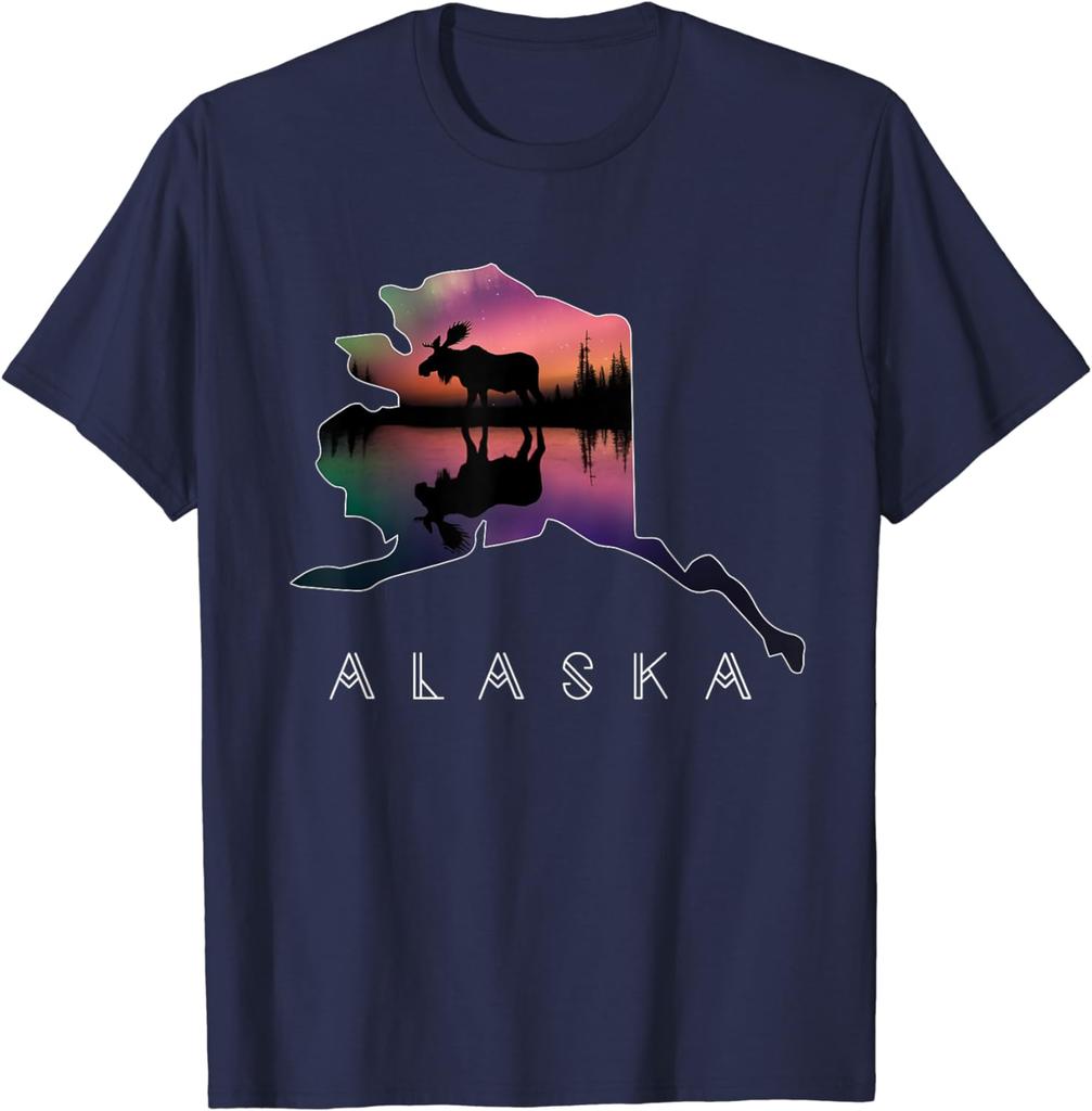 Alaskan Moose Aurora Alaska State Landscape Tshirt Cool Short Sleeve Graphic T Shirts Oversized Tee Streetwear