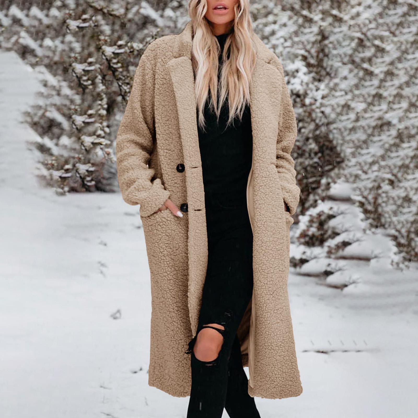 

Женская зимняя теплая плюшевая искусственная двубортная длинная куртка с лацканами и меховым карманом, пальто, куртка XXL хаки